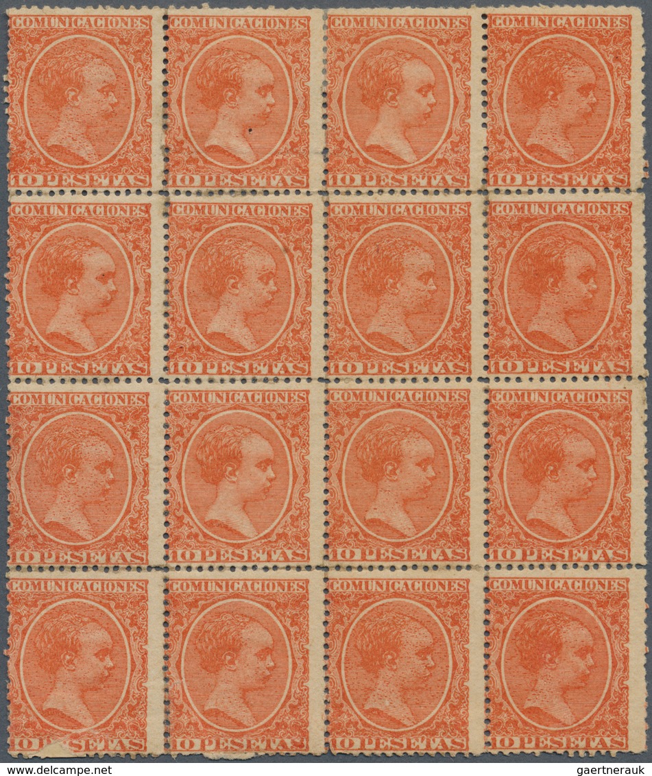 01662 Spanien: 1889, Pelon 10 P. Vermilion,a Block Of 16 (4x4). Strong Impression And Usual Centering Of T - Usados