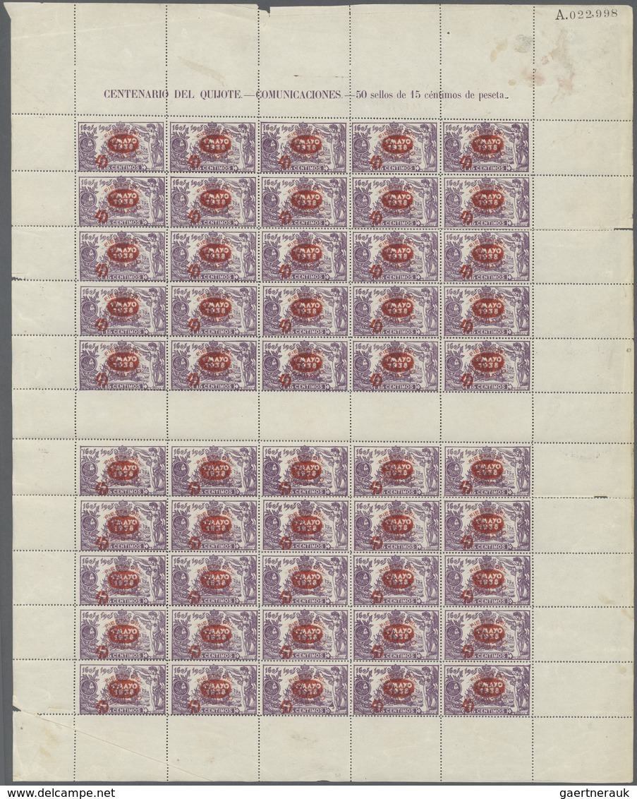 01670 Spanien: 1938, Labor Day, 45c. On 15c. Violet, RED Overprint, Complete Gutter Sheet Of 50 Stamps Wit - Used Stamps