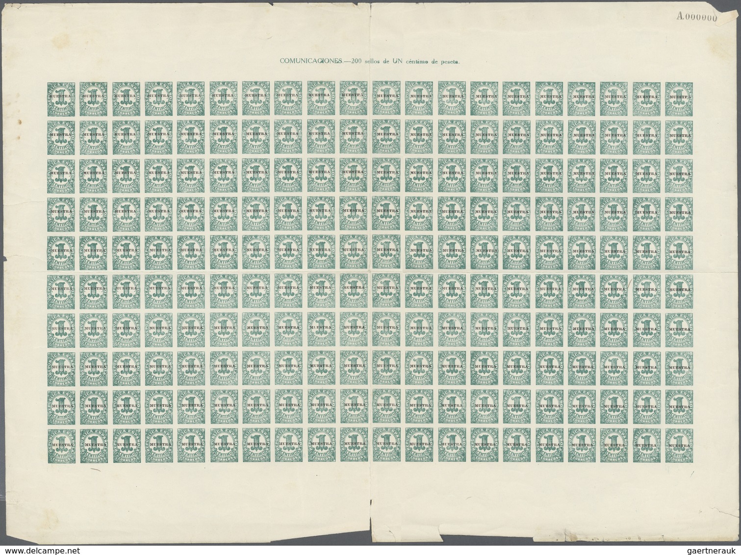 01671 Spanien: 1936, 1c. Bluish Green With "MUESTRA" Overprint, Complete Sheet Of 200 Stamps (heavily Fold - Gebruikt