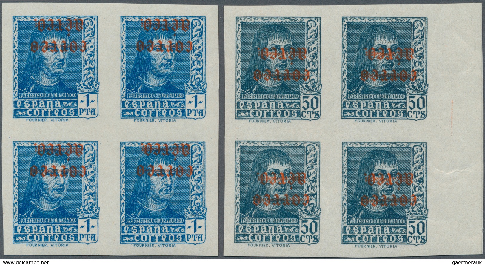 01674 Spanien: 1938, Airmails, 50c. Slate And 1pts. Blue, Each As IMPERFORATE Block Of Four With INVERTED - Oblitérés