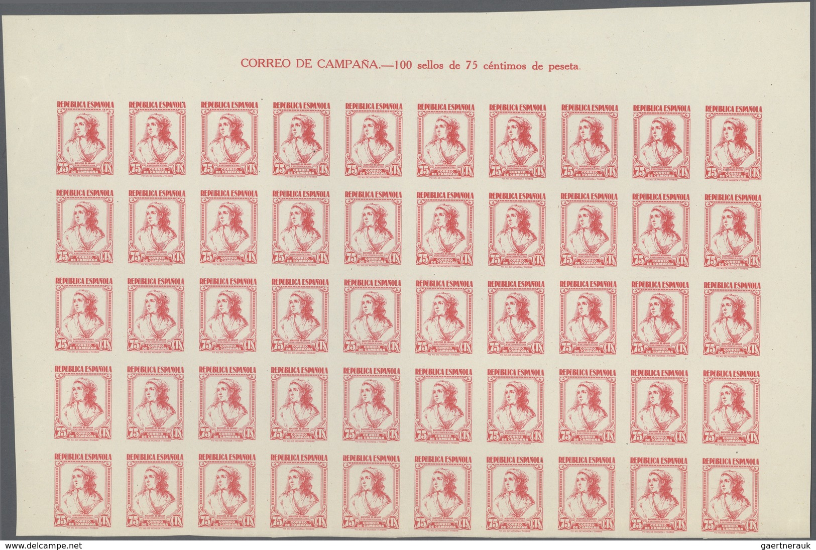 01677 Spanien: 1939, Field Post (not issued), 5c. to 1.25pts. IMPERFORATE, complete set of ten values in u