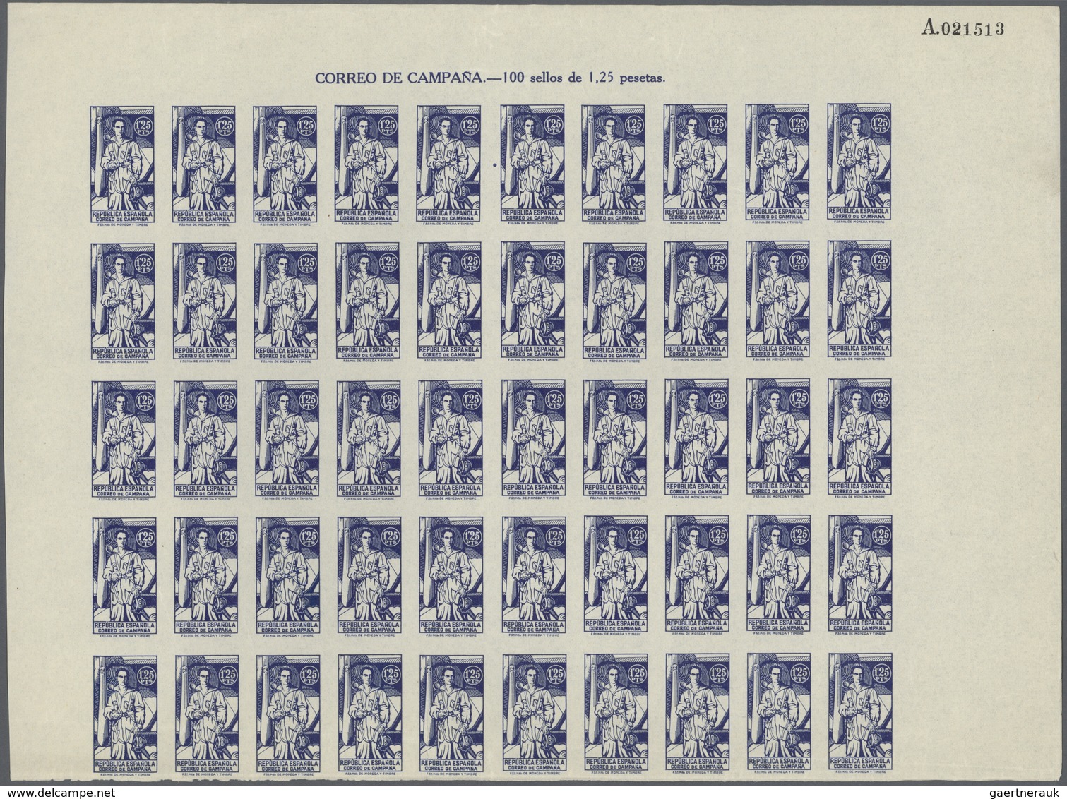 01677 Spanien: 1939, Field Post (not issued), 5c. to 1.25pts. IMPERFORATE, complete set of ten values in u