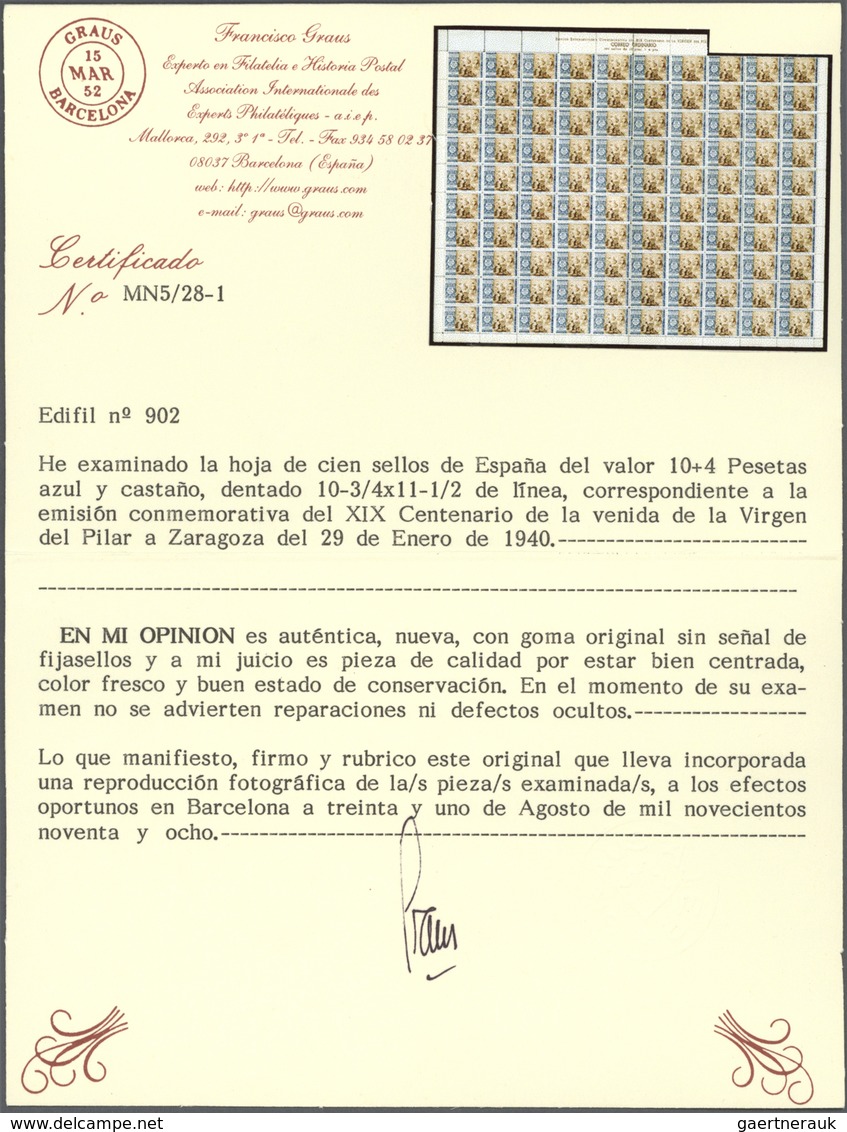 01678 Spanien: 1940, Virgin Of Pilar, 10pts.+4pts., Sheet Of 100 Stamps (multiple Foldings/partly Separate - Used Stamps