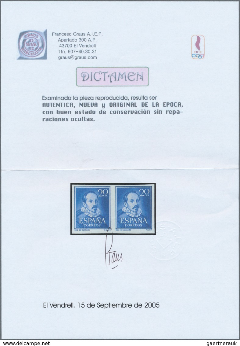 01684 Spanien: 1950, 20c. Mendoza, IMPERFORATE Horiz. Pair, Unmounted Mint, Certificate Graus. Edifil 1074 - Used Stamps