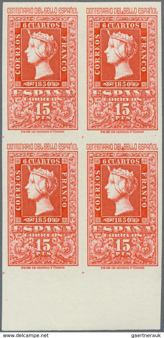 01685 Spanien: 1950, Centenary Of Spanish Stamps Complete Set Of Eight In Blocks Of Four From Lower Margin - Used Stamps