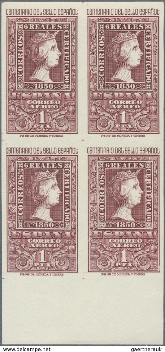 01685 Spanien: 1950, Centenary of Spanish stamps complete set of eight in blocks of four from lower margin