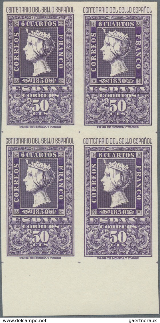 01685 Spanien: 1950, Centenary of Spanish stamps complete set of eight in blocks of four from lower margin