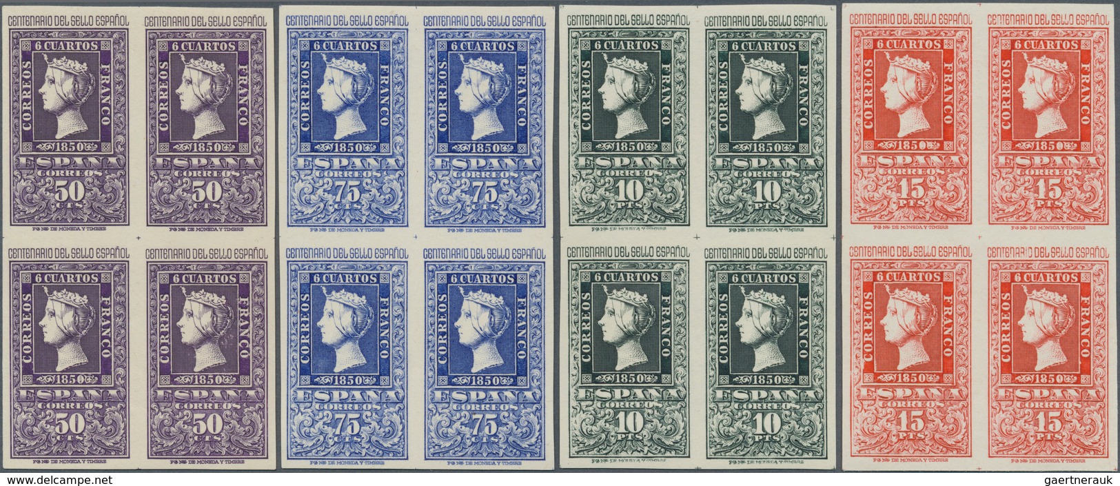 01686 Spanien: 1950, Centenary Of Spanish Stamps, 50c. To 25pts., Complete Set Of Eight Values In Blocks O - Oblitérés