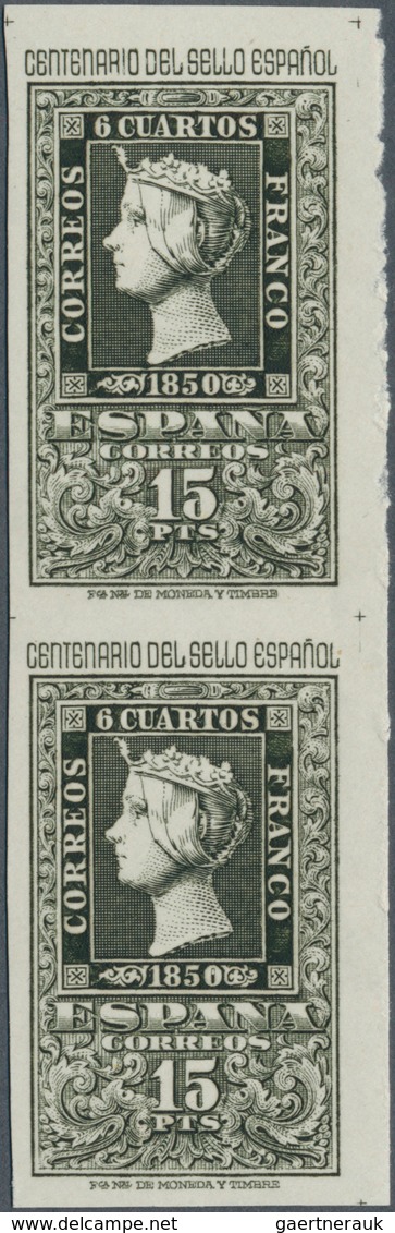 01687 Spanien: 1950, Centenary Of Spanish Stamps, 15pts. Olive-grey, Colour Variety, Imperforate Vertical - Oblitérés