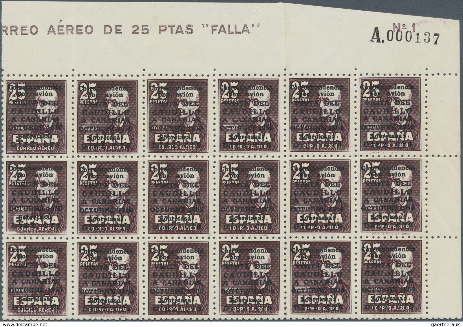 01689 Spanien: 1951, Canary Island's Visit, 25pts. Lilac-brown With Number "A001,803", Marginal Block Of 1 - Gebruikt