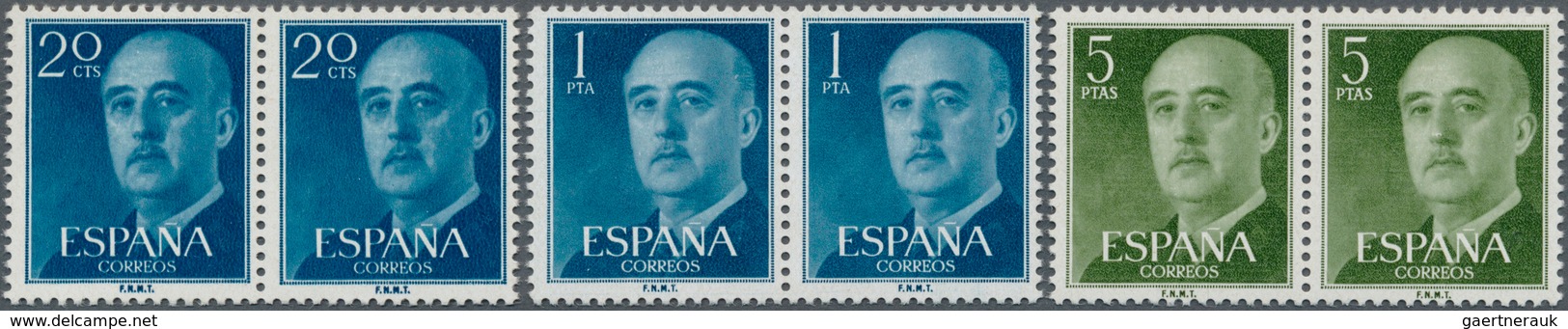 01695 Spanien: 1955, Definitives "General Franco", 20c. Blue, 1pts. Blue And 5pts. Olive-green, Three Colo - Gebraucht