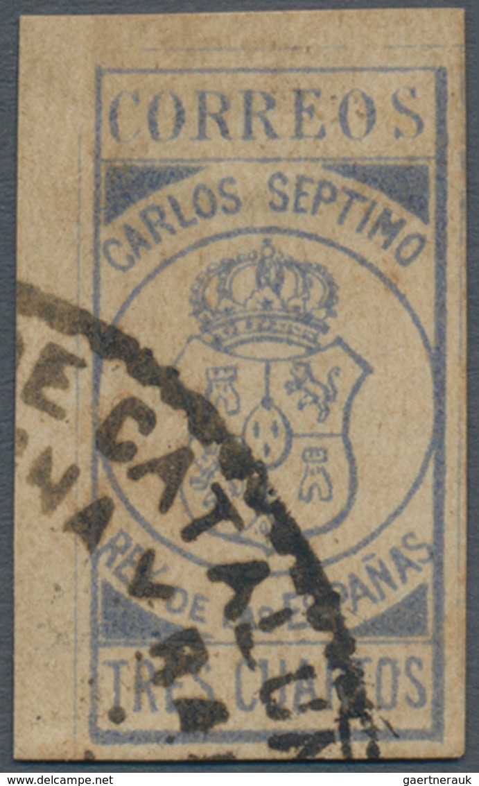 01697 Spanien - Carlistische Post: 1874, TRES CUARTOS Blue, Marginal Copy From The Upper Left Corner Of Th - Carlistes