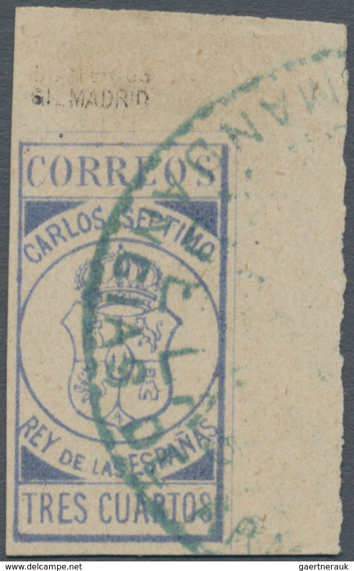 01698 Spanien - Carlistische Post: 1874, TRES CUARTOS Blue, Marginal Copy From The Upper Right Corner Of T - Carlisten