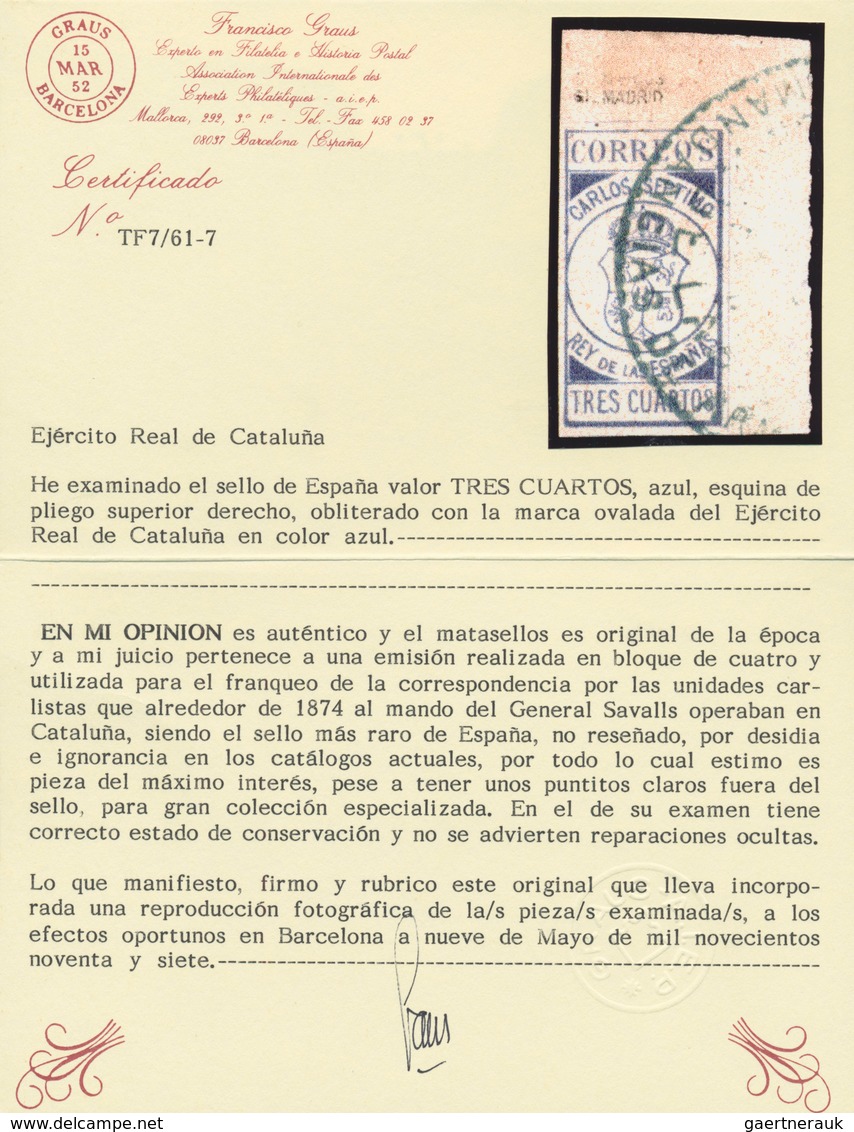01698 Spanien - Carlistische Post: 1874, TRES CUARTOS Blue, Marginal Copy From The Upper Right Corner Of T - Carlisten
