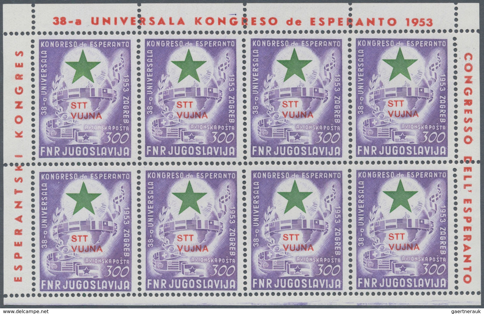 01702 Triest - Zone B: 1953, Esperanto Congress, 300d. Lilac/green, Mini Sheet Of Eight Stamps With Inscri - Mint/hinged