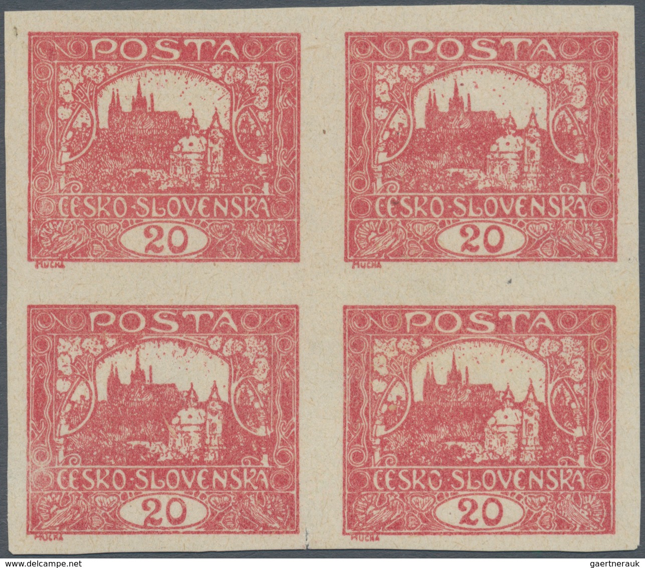 01708 Tschechoslowakei: 1920, Hradcany 20h. Bright Carmine ("svetle Karminova"), Block Of Four, "Spiralove - Covers & Documents