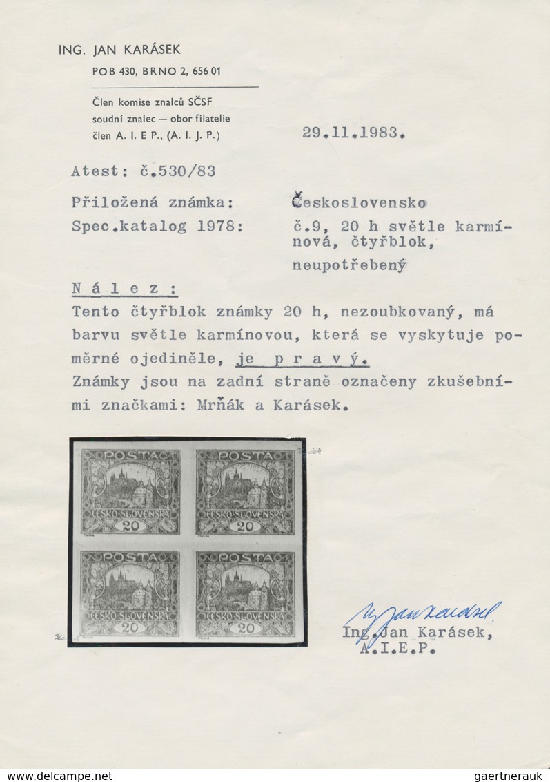 01708 Tschechoslowakei: 1920, Hradcany 20h. Bright Carmine ("svetle Karminova"), Block Of Four, "Spiralove - Covers & Documents