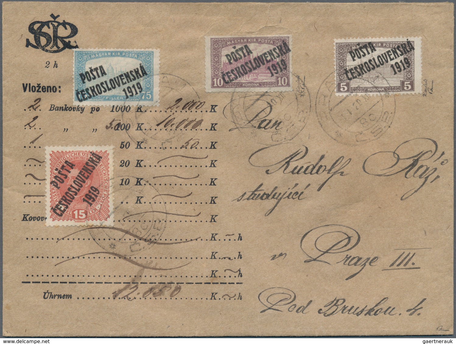 01716 Tschechoslowakei: 1919, "Posta Ceskoslovensko" Overprints, 5kr. And 10kr. "Parliament" In Combinatio - Brieven En Documenten