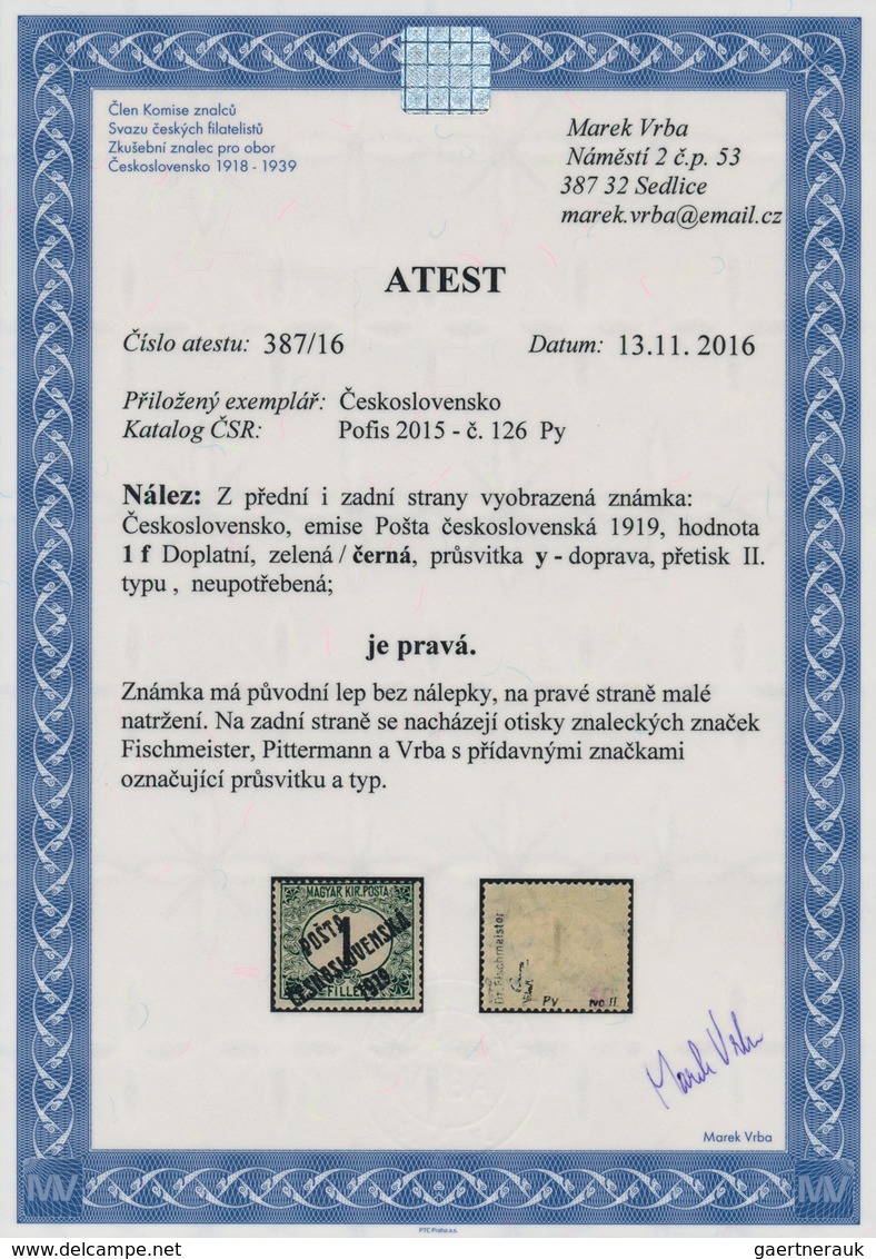 01717 Tschechoslowakei: 1919, "Posta Ceskoslovensko" Overprints, 1f. Green/black With Rare Watermark "Py", - Covers & Documents