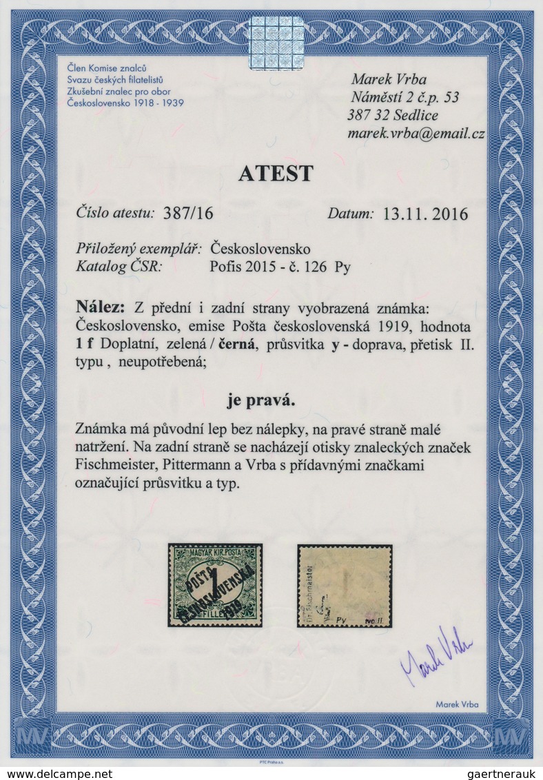 01717 Tschechoslowakei: 1919, "Posta Ceskoslovensko" Overprints, 1f. Green/black With Rare Watermark "Py", - Briefe U. Dokumente