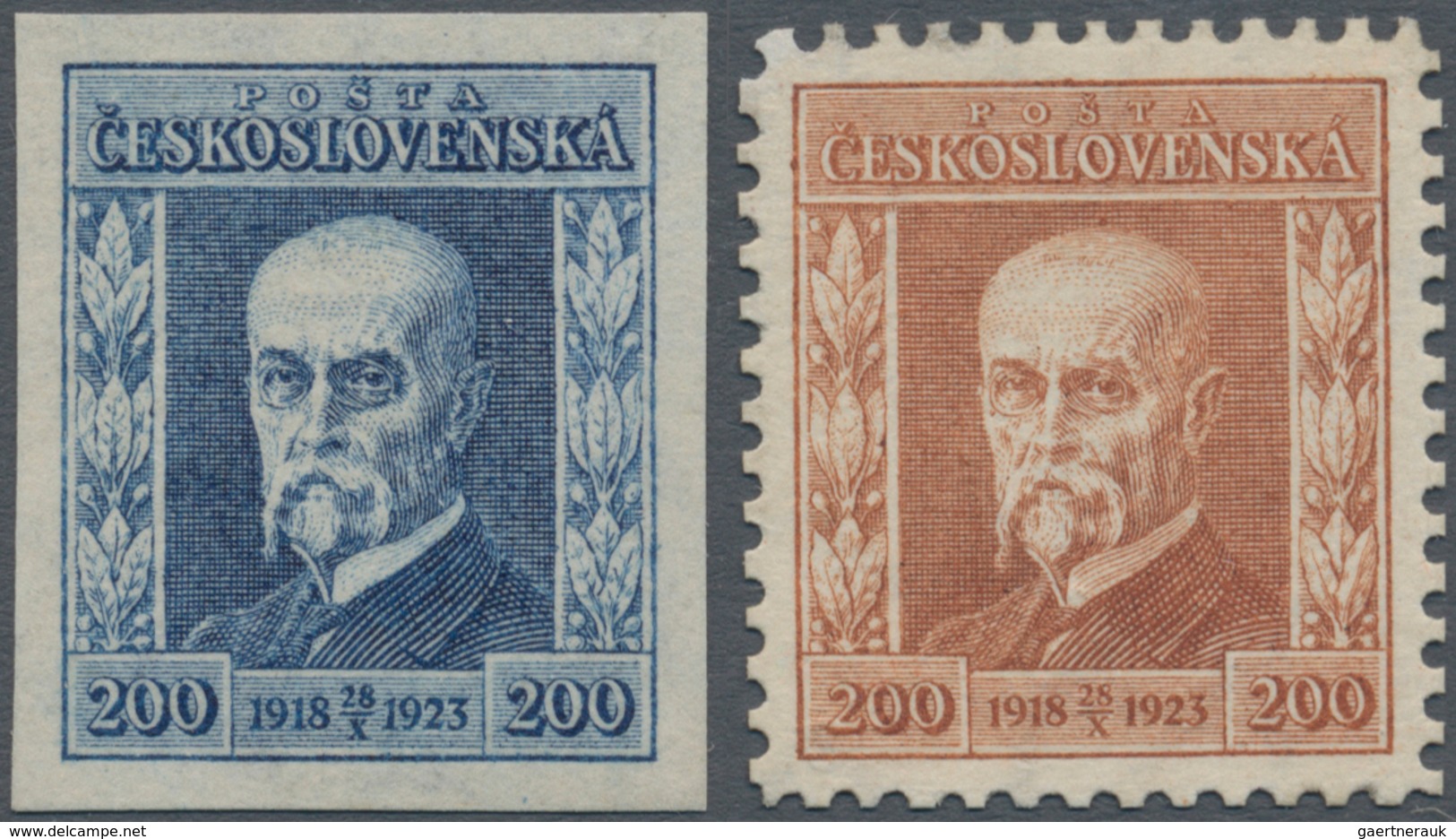 01721 Tschechoslowakei: 1923, 5th Anniversary Of Republic 200h.+200h. "Masaryk", Two Proofs In Issued Desi - Brieven En Documenten