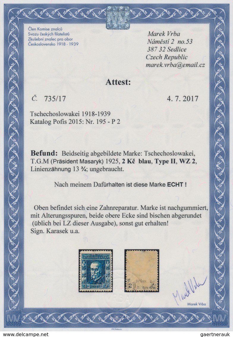 01722 Tschechoslowakei: 1925/1926, President Masaryk, 2kc. Blue, UPRIGHT WATERMARK, Unused With Some Imper - Covers & Documents