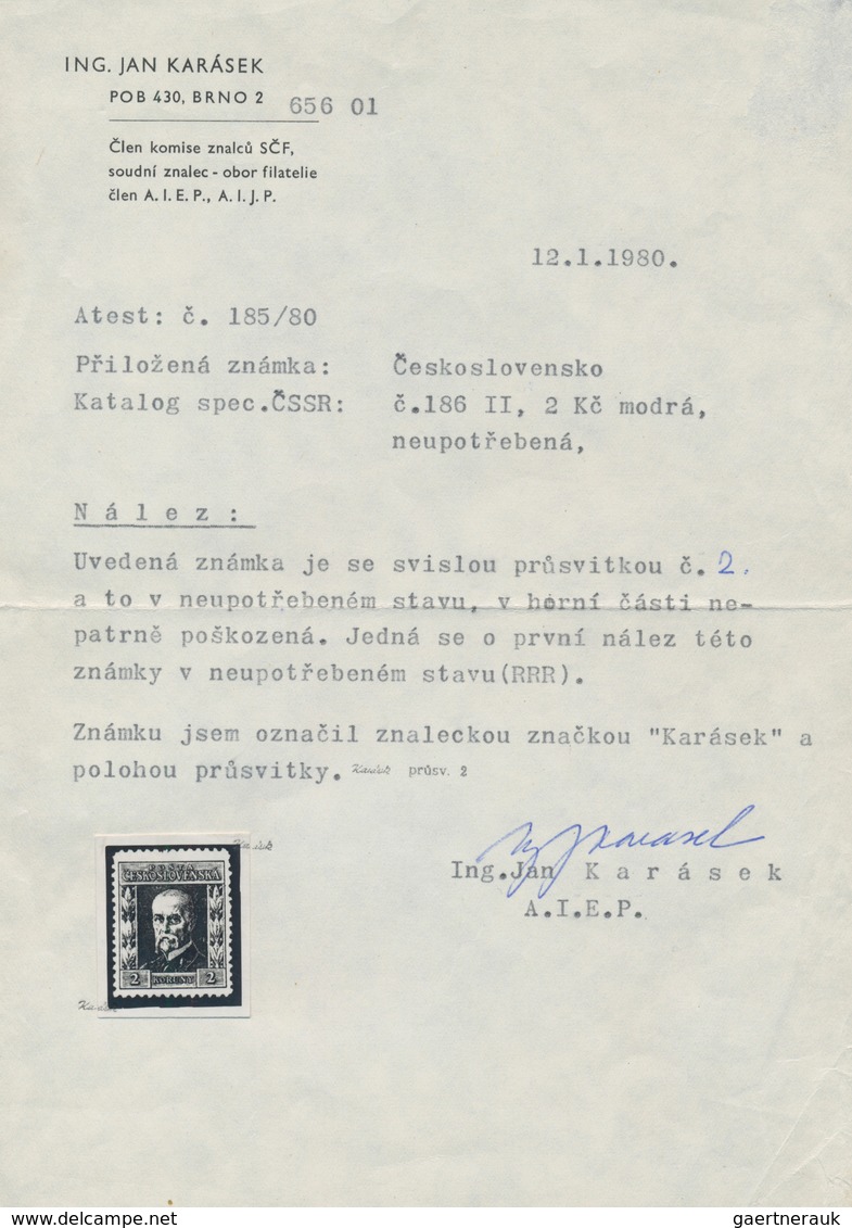 01722 Tschechoslowakei: 1925/1926, President Masaryk, 2kc. Blue, UPRIGHT WATERMARK, Unused With Some Imper - Briefe U. Dokumente