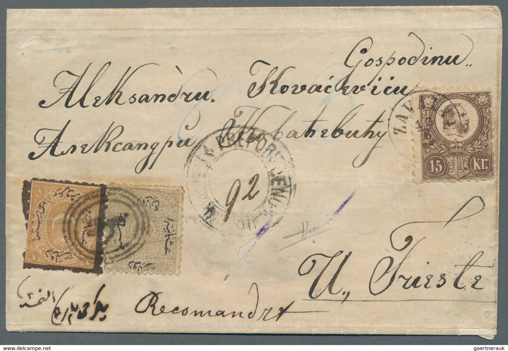 01734 Ungarn: 1875 Registered Mixed Franking Folded Letter From Bihac To Trieste, Franked With Turkey (187 - Covers & Documents