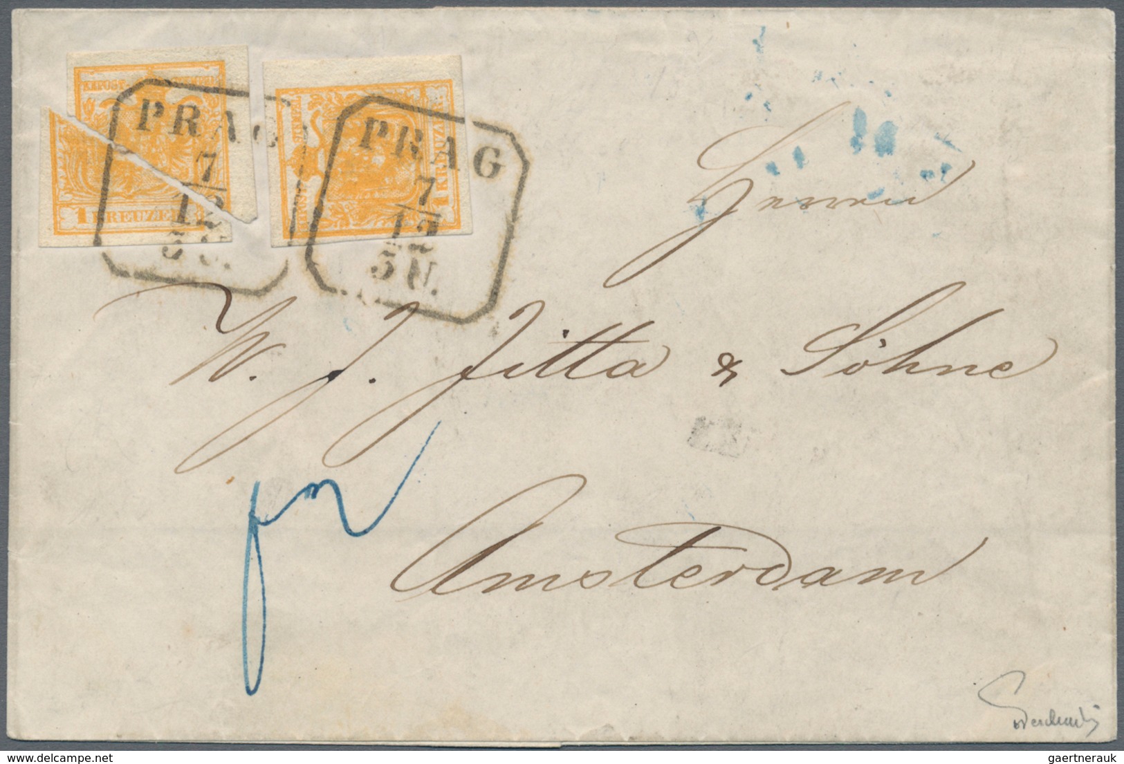01802 Österreich: 1850, 2 X 1 Kr Dunkelorange, Handpapier Type III, Davon Eine Marke Diagonal In Zwei Hälf - Unused Stamps