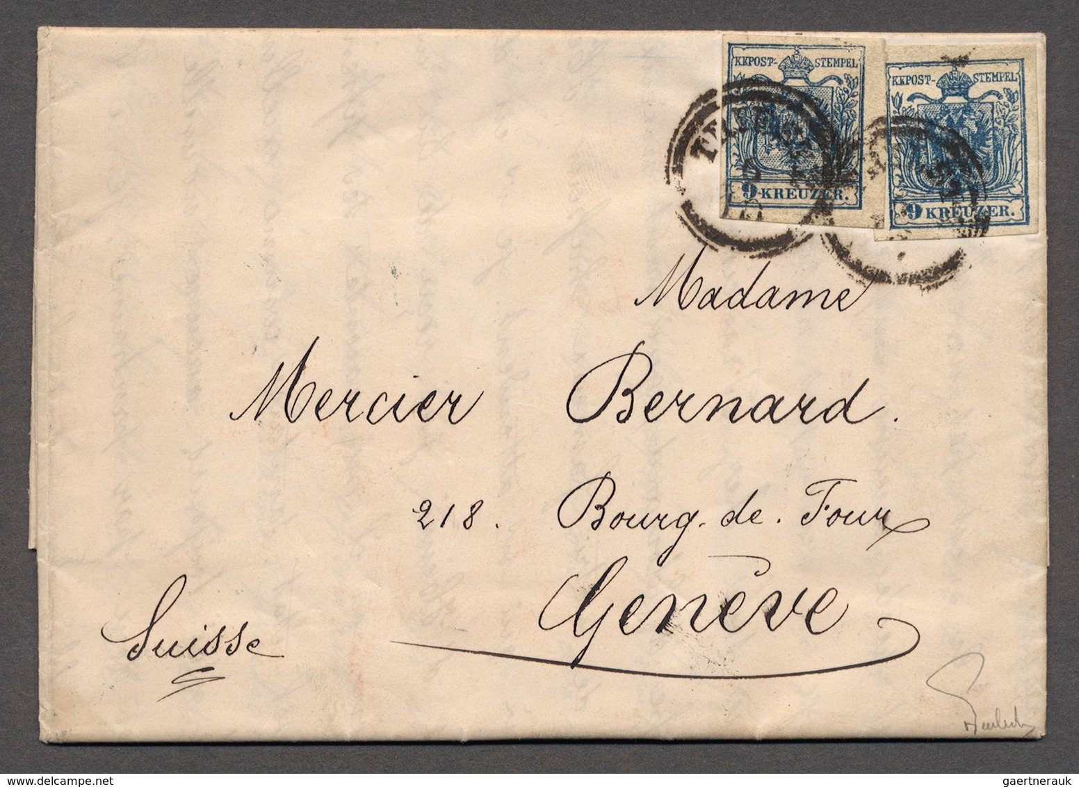 01816 Österreich: 1850: Wappenzeichnung 9 Kr. Dunkelblau, Type IIIb, Zwei Breitrandige Exemplare Auf Archi - Unused Stamps