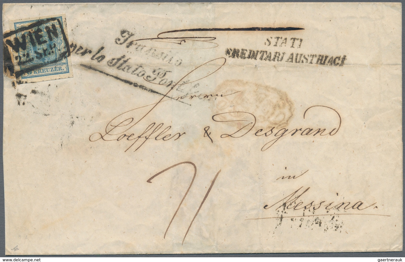 01820 Österreich: 1851 (22 Sept.), Teilfrankierter Faltbrief Mit 9 Kr. Hellblau Von Wien Nach Messina, Siz - Neufs