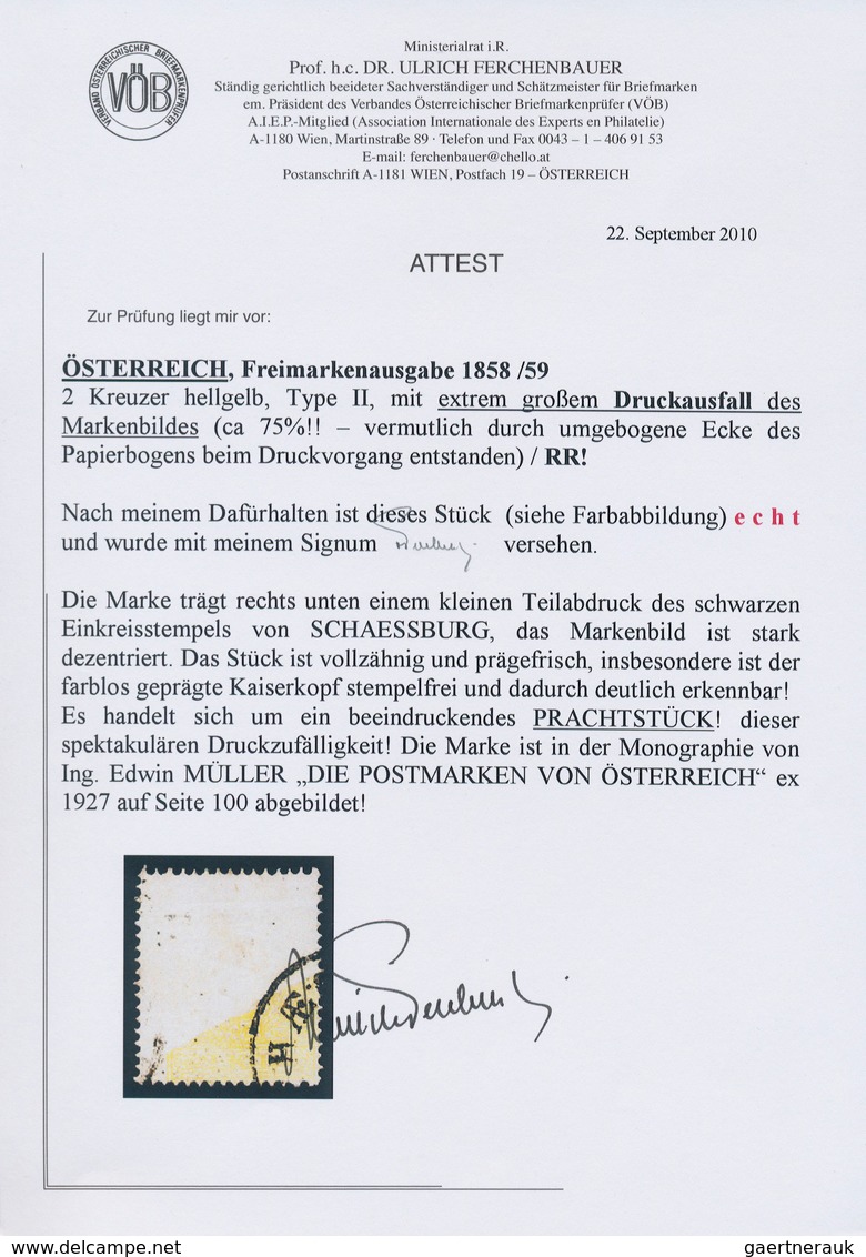 01826 Österreich: 1858/59: 2 Kr. Hellgelb, Type II, Mit Extrem Großem Druckausfall Von Nahezu 75 % Des Mar - Unused Stamps