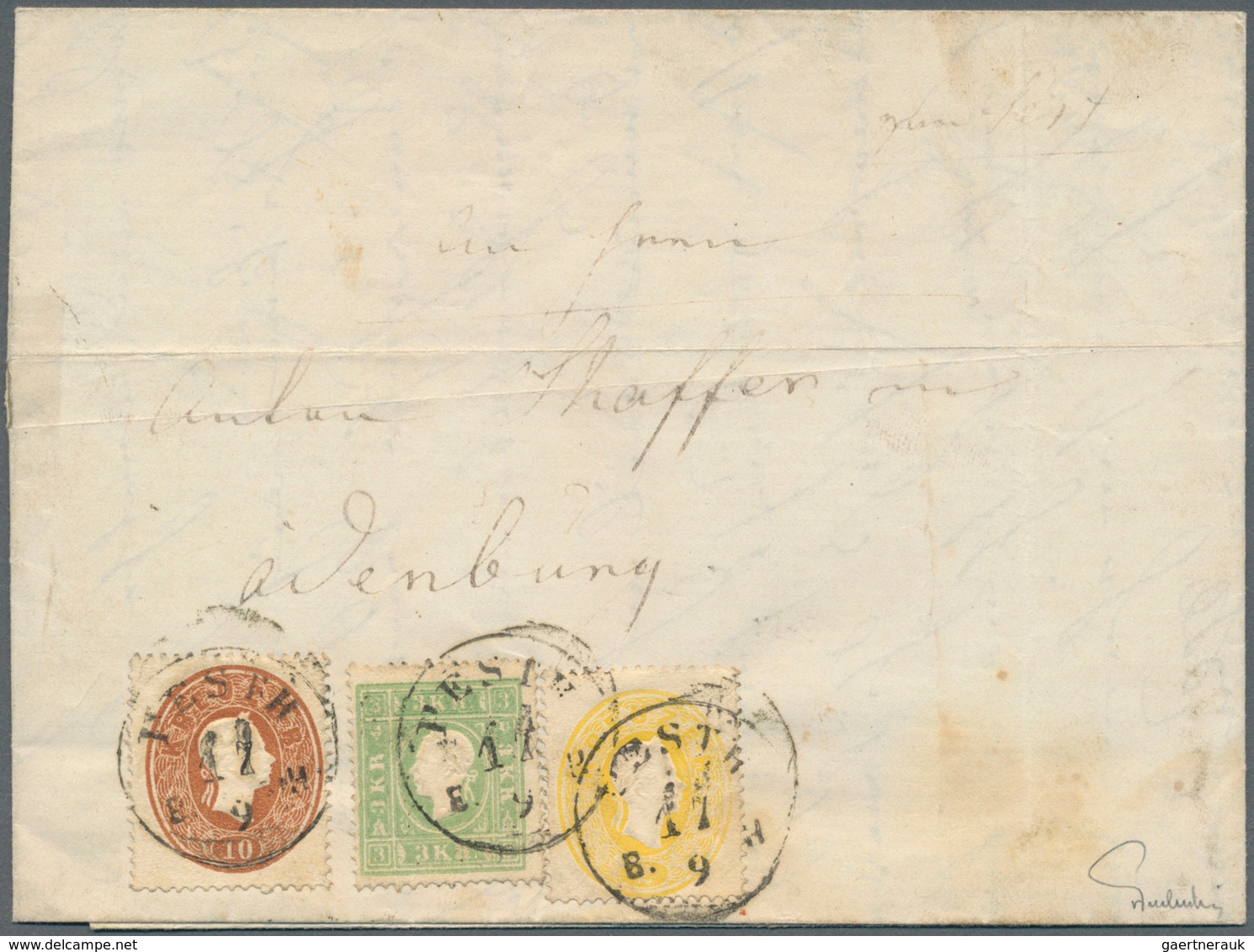 01832 Österreich: 1858: 3 Kr. Grün In Mischfrankatur Mit 2 Kr. Gelb Und 10 Kr. Braun Auf Brief, K1 "PESTH - Neufs