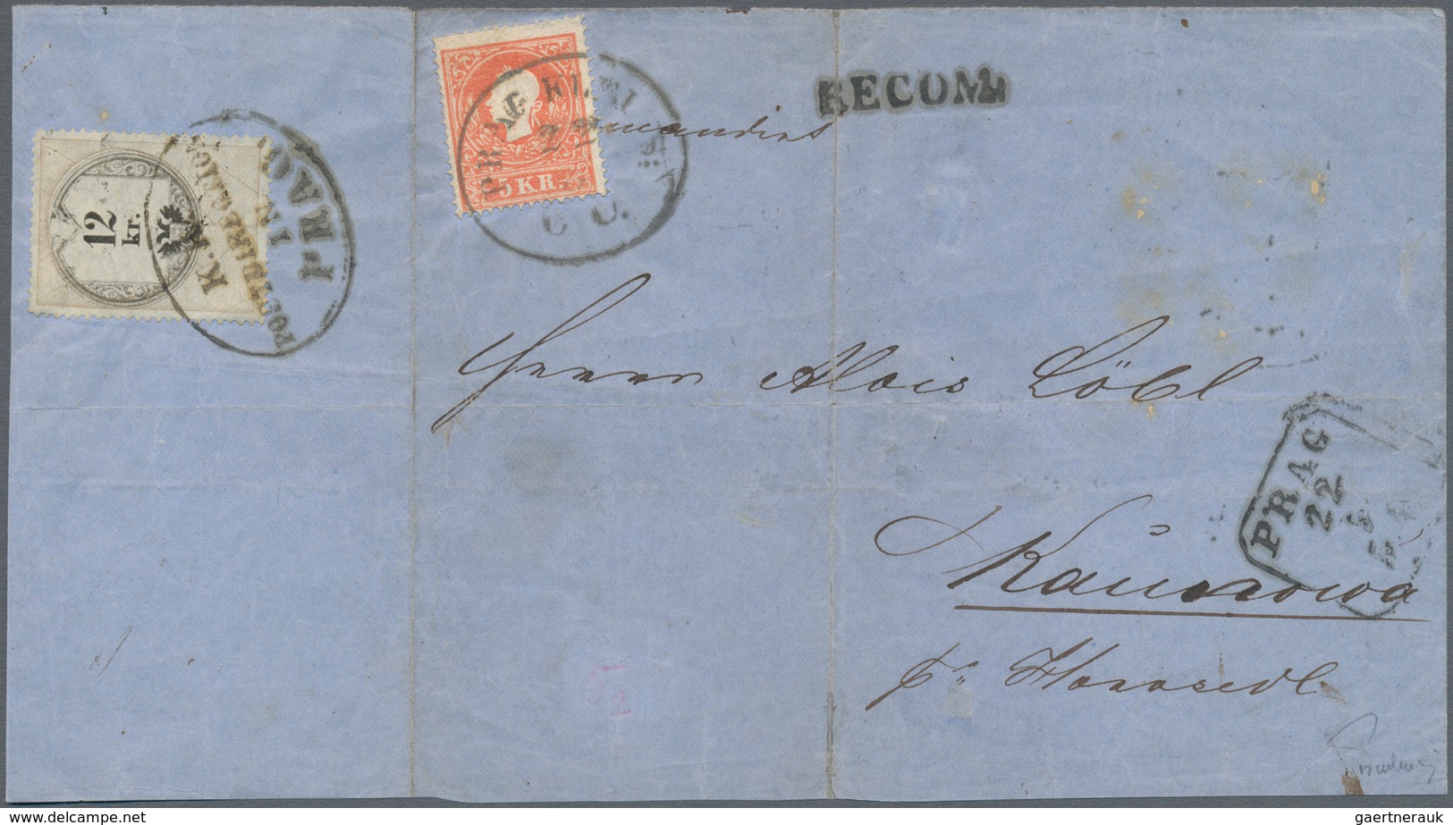 01833 Österreich: 1858/1859, 5 Kr Rot, Type II, Entwertet Mit Oval-Stempel PRAG KLEINS:, 22/5, Zusammen Mi - Ongebruikt