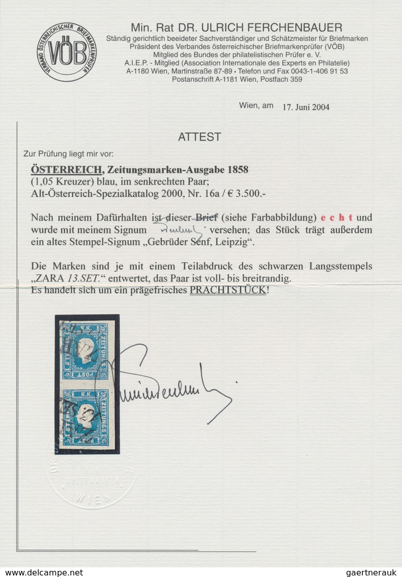 01837 Österreich: 1858: 1,05 Kr. Blau, Sehr Breitrandiges Senkrechtes Luxuspaar Mit Klarem L2 "ZARA 13/SET - Unused Stamps