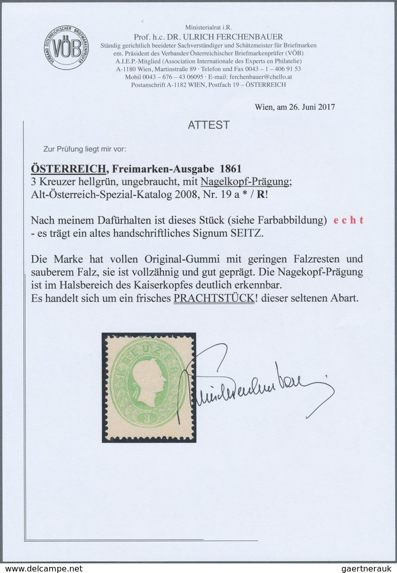 01840 Österreich: 1861, Freimarke 3 Kreuzer Kaiserkopf Im Oval, Hellgrün Mit NAGELKOPF-Prägung. Die Marke - Neufs