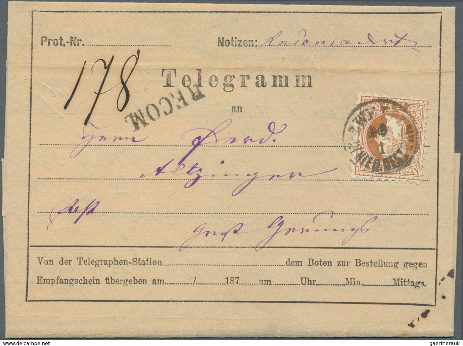 01846 Österreich: 1875: EINGESCHRIEBENES TELEGRAMM Zwischen Prag Und Zwettel, Frankiert Mit 'Franz Josef' - Ongebruikt