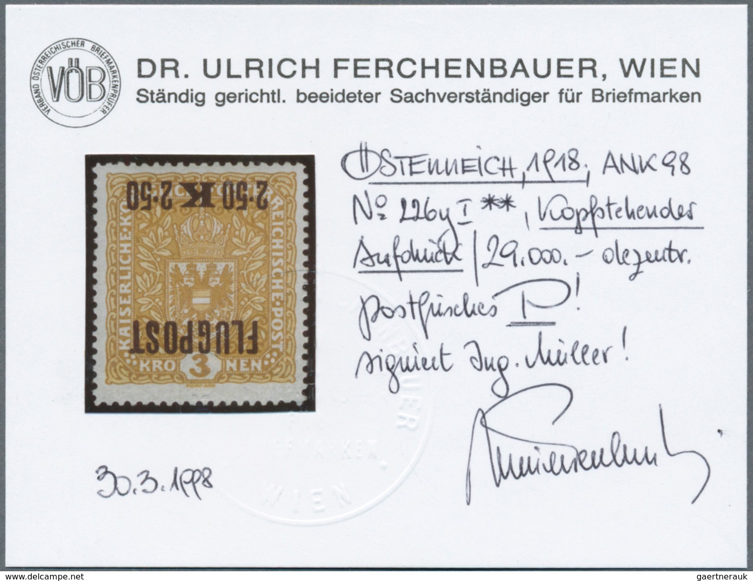 01850 Österreich: 1918, 2,50 Kr. Auf 2 Kr. Flugpostmarke Mit KOPFSTEHENDEM Aufdruck, Postfrisch, Befund Dr - Ongebruikt