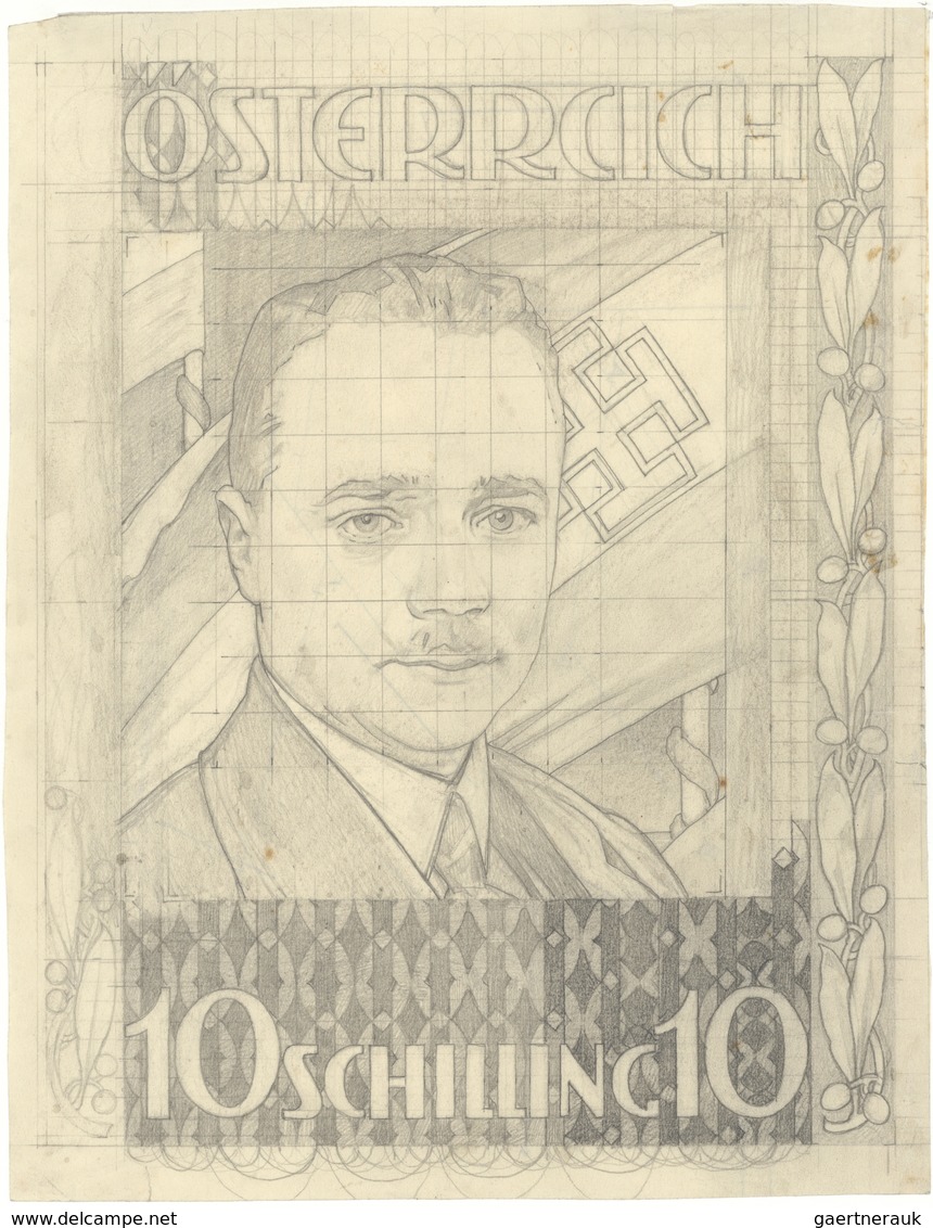 01855 Österreich: 1936, 10 S Dollfuß, Original Bleistift-Vorzeichnung Auf Getöntem Papier (Originalgröße D - Neufs