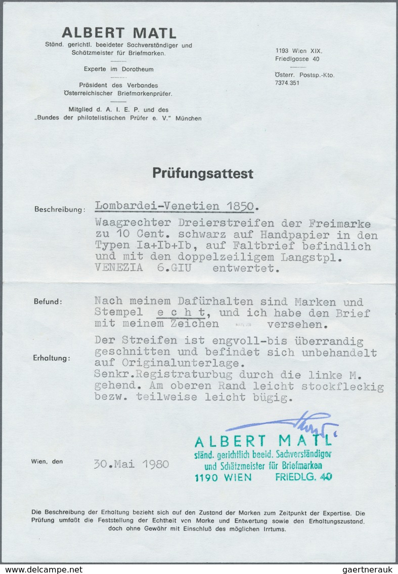 01867 Österreich - Lombardei Und Venetien: 1850 10 C. Schwarz Im Waagerechten Dreierstreifen Der Typen Ia+ - Lombardy-Venetia