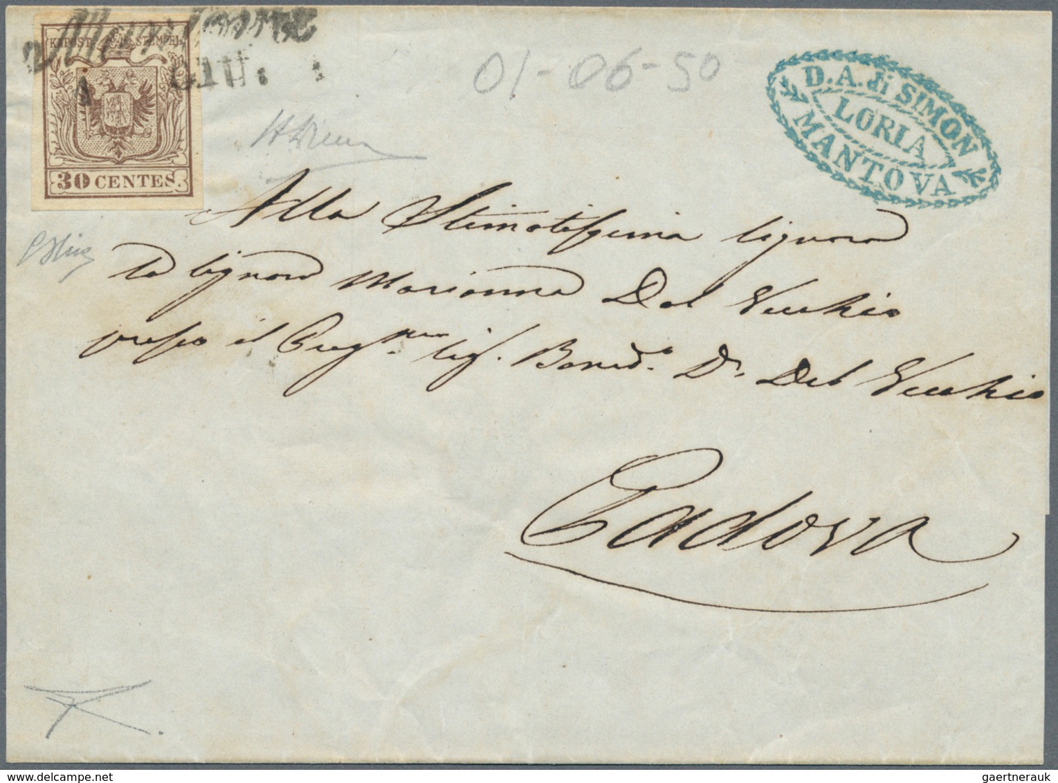 01870 Österreich - Lombardei Und Venetien: 1850: "MANTOVA 1 GIU" (1850) Auf 30 C Braun Auf Brief (ohne Sei - Lombardo-Venetien