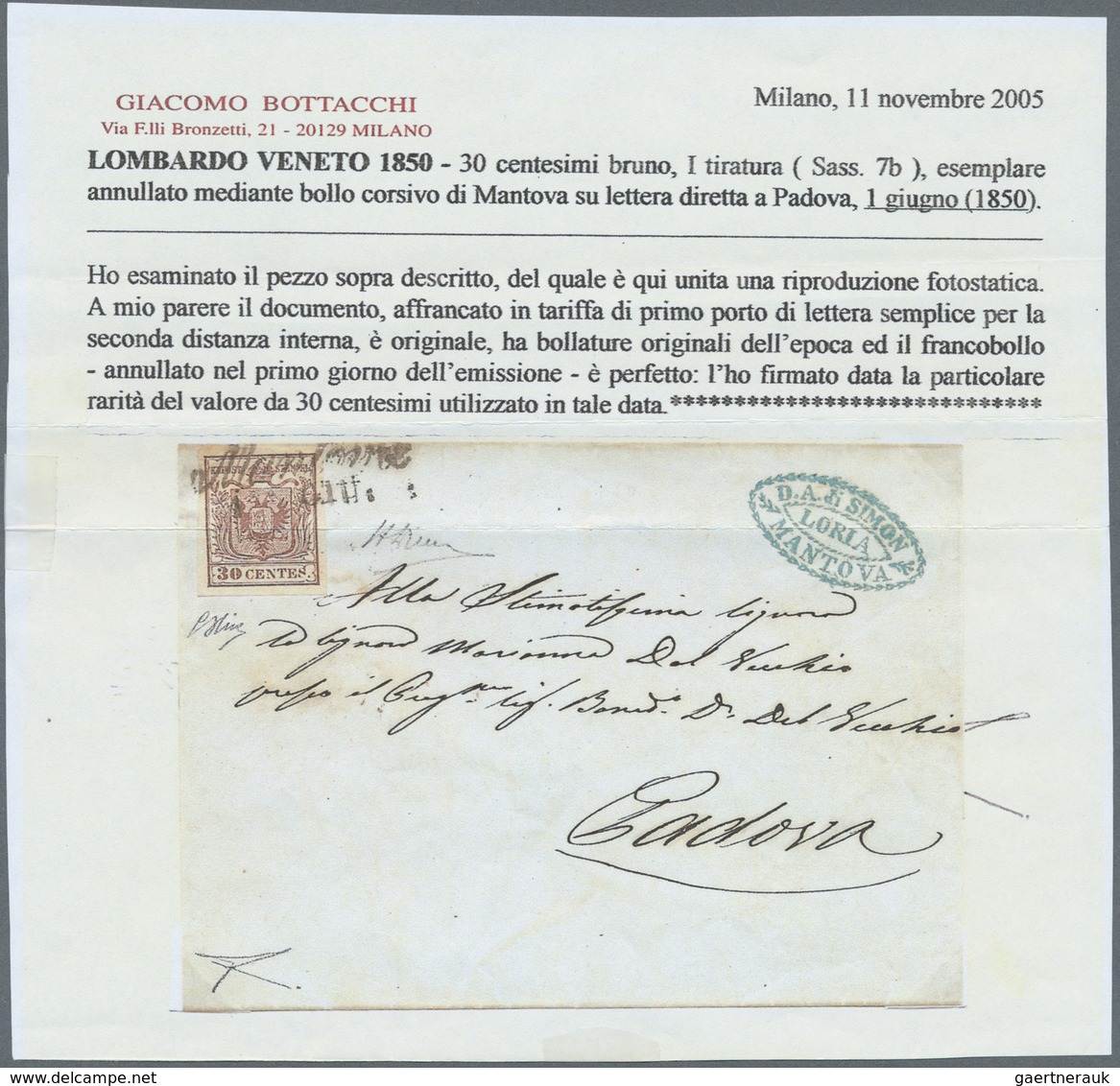 01870 Österreich - Lombardei Und Venetien: 1850: "MANTOVA 1 GIU" (1850) Auf 30 C Braun Auf Brief (ohne Sei - Lombardije-Venetië