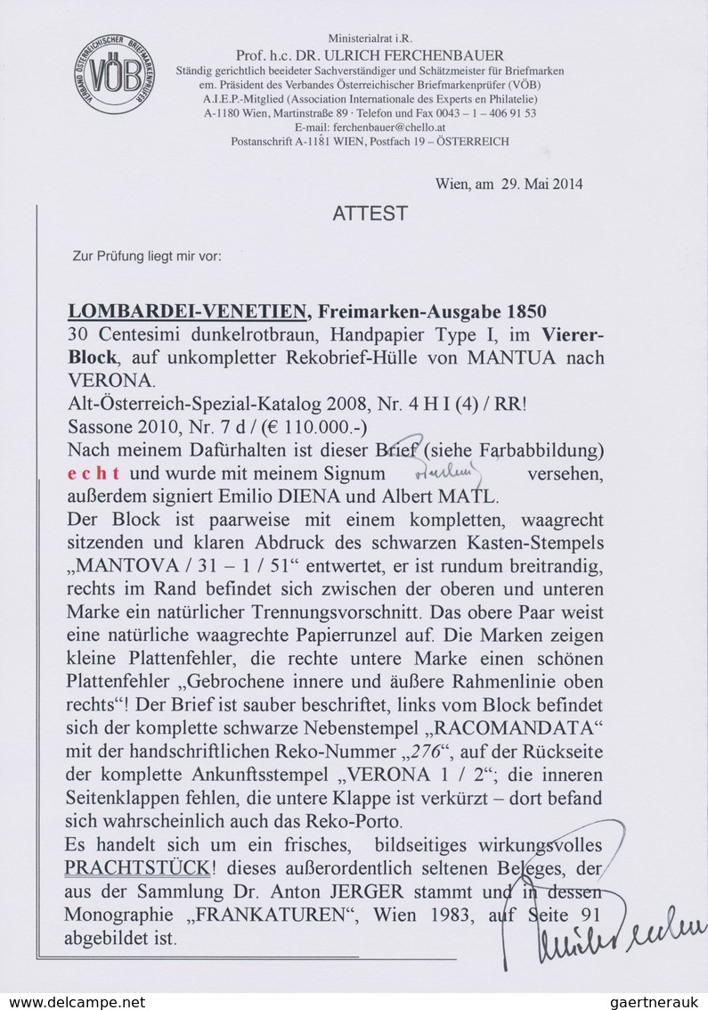 01873 Österreich - Lombardei Und Venetien: 1850, 30 Cmi Dunkelrotbraun, Handpapier, Type I, Im Viererblock - Lombardije-Venetië