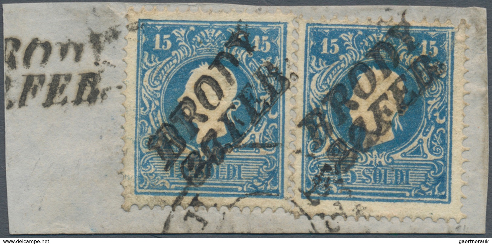 01889 Österreich - Lombardei Und Venetien: 1859, 2 X 15 S Blau, Type II Auf Briefstück, Jeweils Entwertet - Lombardy-Venetia