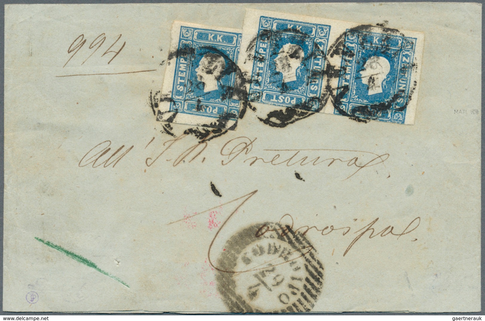 01890 Österreich - Lombardei Und Venetien: 1858 Paar Und Einzelstück Der Zeitungsmarke (1.05 Kr.) Blau In - Lombardije-Venetië