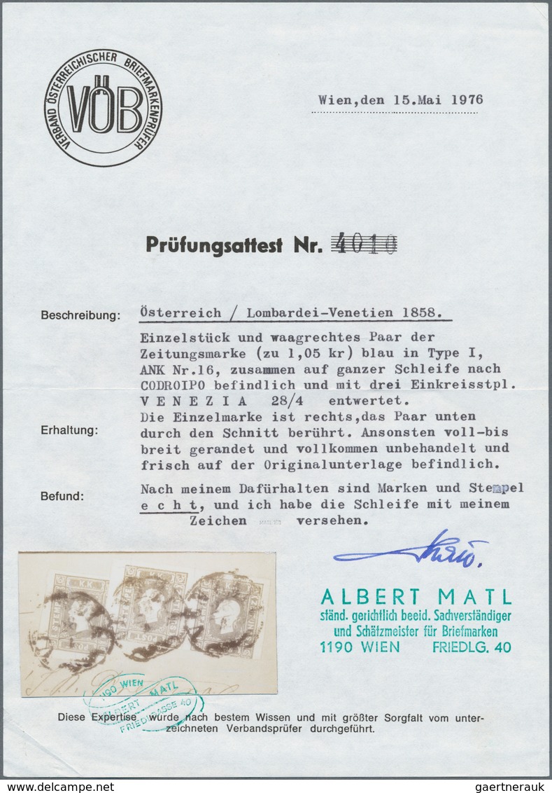 01890 Österreich - Lombardei Und Venetien: 1858 Paar Und Einzelstück Der Zeitungsmarke (1.05 Kr.) Blau In - Lombardy-Venetia