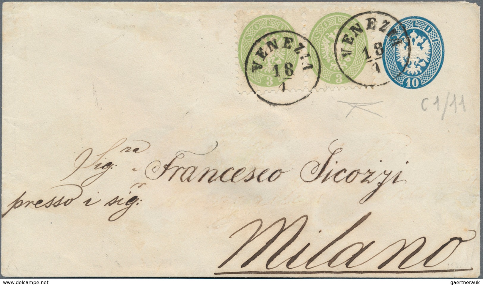 01893 Österreich - Lombardei Und Venetien: 1863, Ganzsachenumschlag 10 Soldi Blau Mit Zusatzfrankatur Paar - Lombardo-Vénétie