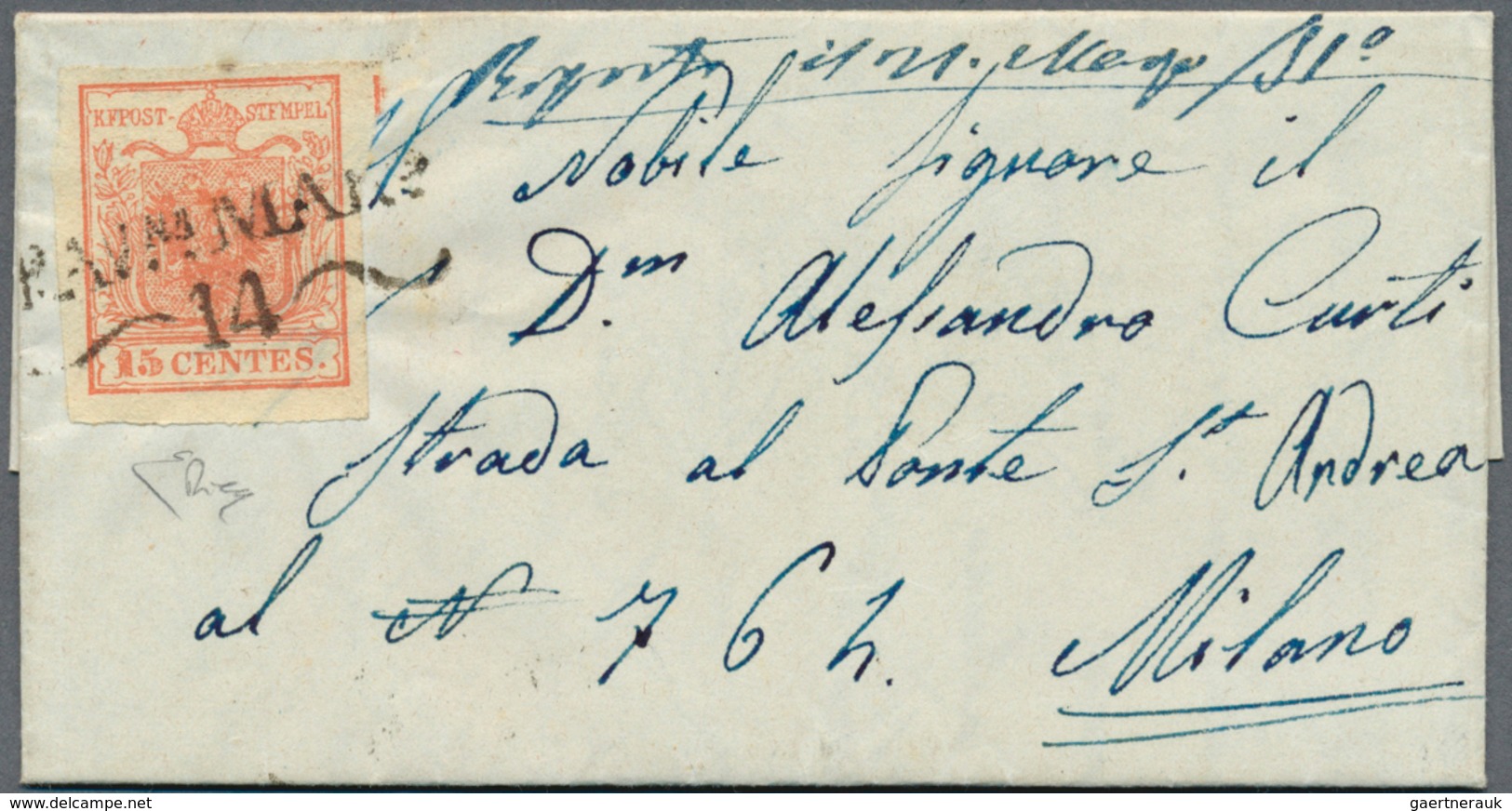 01904 Österreich - Lombardei Und Venetien - Stempel: 1851: "GRAV.NA MAR.O 14" SD (13 Punkte) Auf 15 C Type - Lombardije-Venetië