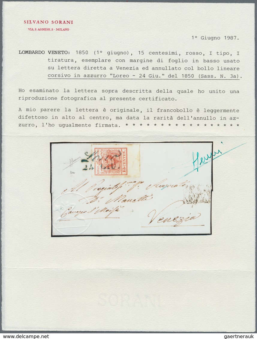 01906 Österreich - Lombardei Und Venetien - Stempel: 1850: LOREO 24 GIU, In Blau (Sassone R2) Auf 15 C Ers - Lombardy-Venetia