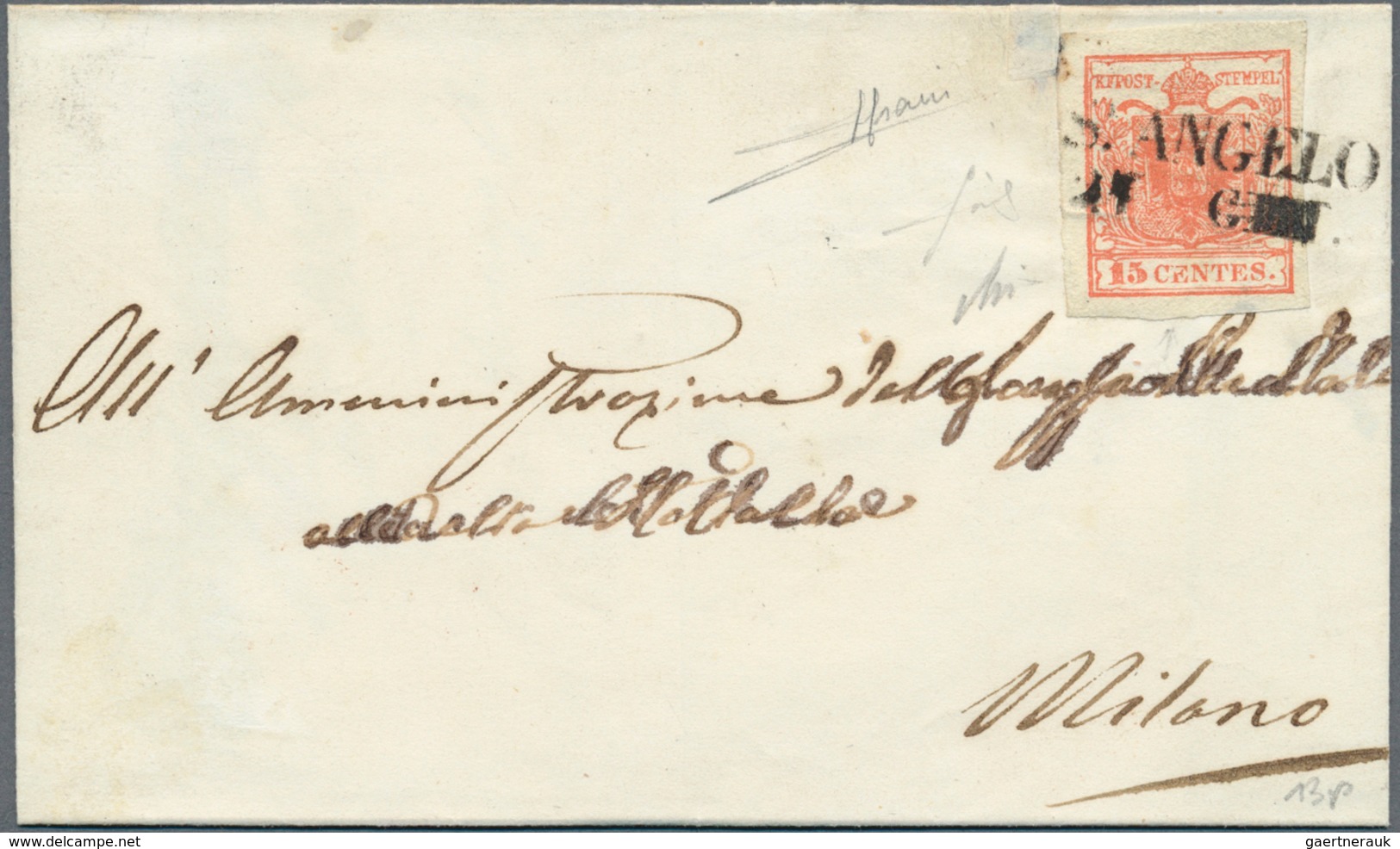 01913 Österreich - Lombardei Und Venetien - Stempel: 1850: S. ANGELO, SD (13 Punkte) Auf 15 C Auf Brief Na - Lombardo-Vénétie